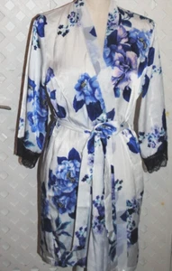 Linea Donatella Short Wrap Robe Blue Floral Satin Polyester w/ Ties S/M - Picture 1 of 5