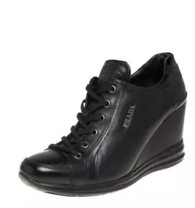 Authentic PRADA Sport Milano BlackLeather Logo Wedge LaceupSneakers Sz38.5/US8.5 - Picture 1 of 22