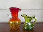 2 Small Vintage Rainbow Crackle Glass Pitchers - Amberina and Green