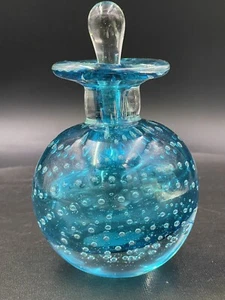 Art Glass Perfume Bottle Blue Controlled Bubble Blown  With Stopper Dauber - Picture 1 of 9