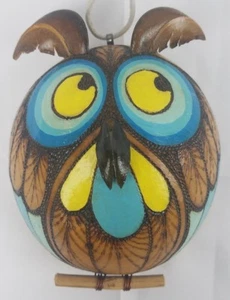 Vintage Coconut Owl Hand Painted Artwork 4.5"x5.5" - Picture 1 of 6