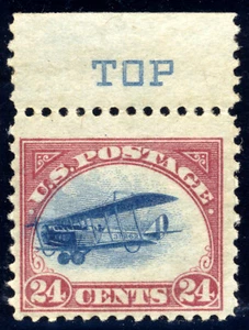 US C3 24c Airmail 1918 Curtiss Jenny fast airplane vignette shift NH with "TOP" - Picture 1 of 2