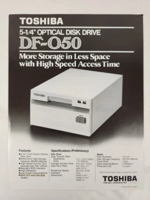 Toshiba 5-1/4" Optical Disk Drive DF-O50 1 Page Ad / Spec Sheet - Image 1 of 2