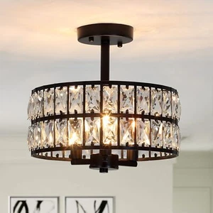 Crystal Candelabra Chandelier Ceiling Light Fixture Black Semi Flush Mount Foyer - Picture 1 of 12