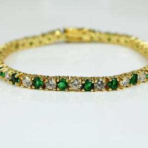 Yellow Gold Emerald Green Round Cut Created Diamond Alternating Bracelet - Picture 1 of 5