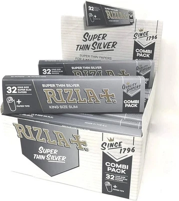 RIZLA SILVER COMBI CONNOISSEUR King Size Slim Smoking Rolling Paper & Roach Tips - Image 1 of 4