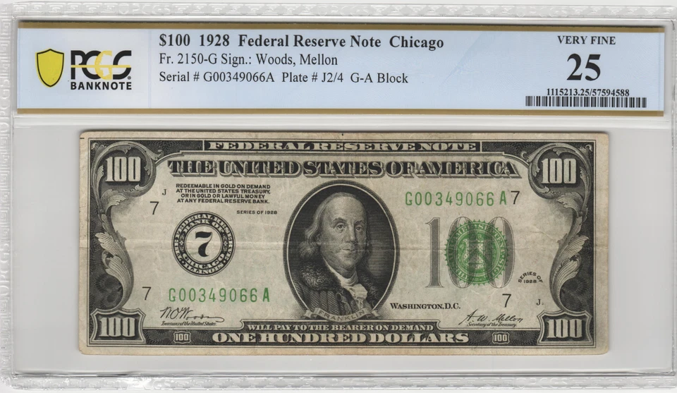 Fr.2150-G 1928 Chicago $100 Numeric Seal Federal Reserve Note PCGS VF 25 - Image 1 of 2