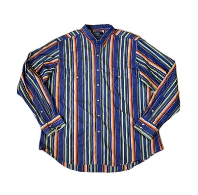 Camisa polo masculina vintage Ralph Lauren XL multicolorida listrada pérola botão de pressão para cima - Imagem 1 de 4