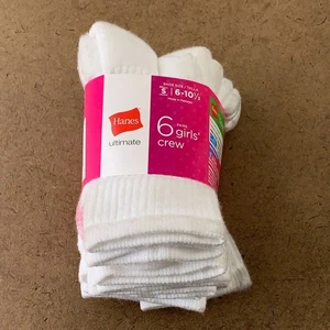 Hanes Ultimate Girls Small Shoe Size 6-10.5 White Crew Socks 6 Pairs perfect con - Picture 1 of 1