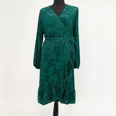 Vestido Draper James Velvet Burnout Wrap tamanho grande verde esmeralda fluido feminino - Imagem 1 de 4