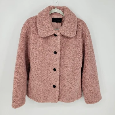 Abrigo de Peluche Ann Taylor L Peluche Sherpa Malva Rosa Botón Frontal Cuello Chaqueta Foto 1 de 4
