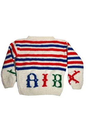 Cárdigan vintage niño tejido suéter rojo azul rayas letras ver medidas Foto 1 de 4