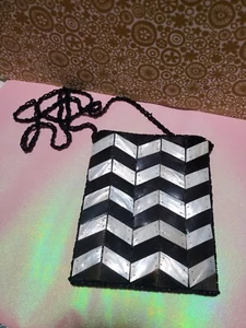 Vintage SEA COVE Handmade Mother of Pearl & Horn Purse on Silk Bag 6" x 7.5" - Picture 1 of 5