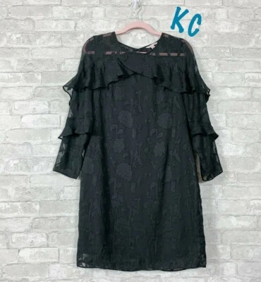 NANETTE LEPORE BABADO PRETO TRANSPARENTE MANGA DETALHADA FLORAL ZÍPER TRASEIRO TAMANHO 10  - Imagem 1 de 4