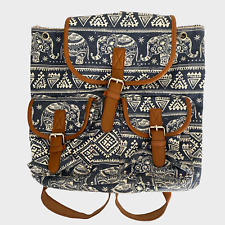 Blue White Brown Elephant Print Backpack Faux Leather Canvas