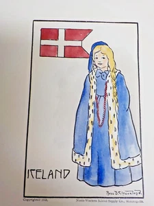 Antigua impresión firmada por Bess B Cleaveland dibujada a mano/color agua 1910 Islandia niña - Imagen 1 de 6