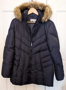 Anne Klein Women Down Puffer Coat Parka Size M Dark Blue Removable Hood Faux Fur - Picture 1 of 7