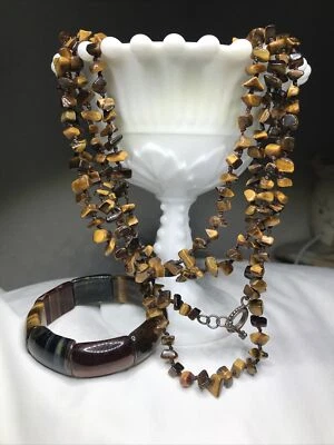 "Collar pepita gruesa ojo de tigre vintage 84"" - esterlina + pulsera elástica de 8""" Foto 1 de 4