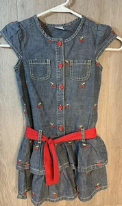 Gymboree Embroidered Cherries Denim Short Sleeve Dress Size 5 Layered With Belt - Picture 1 of 7