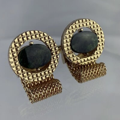 Green Jade Mesh Wrap Gold Tone Cufflinks Quilted Diamond Plate Round Vintage N1 - Image 1 of 4