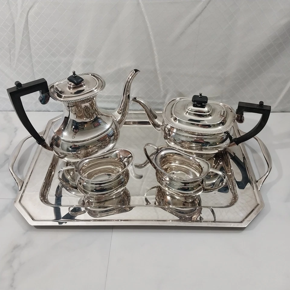 Antiguo juego de té EHP hecho en Sheffield Inglaterra EPNS 4 piezas con bandeja de plata Foto 1 de 4