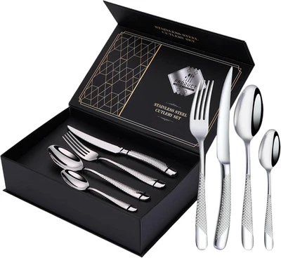 24-Teiliges Besteckset, Gehämmertes Besteck, Edelstahl Messer Gabel Löffel Essbe - Bild 1 von 4