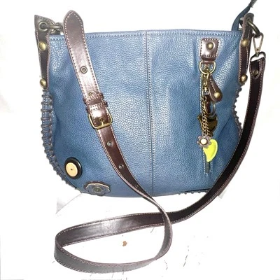 Bolso Bandolera Hobo Azul Chala Metal Pájaro Dije Borde Marrón Correa Ajustable Foto 1 de 4