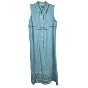 Neu Leinen Maxikleid aquablau Gr. 14 bestickt ärmellos Kragen 90er Y2k - Bild 1 von 7