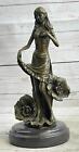 Signed Moreau Beautiful Lily Girl W/ Flower Bronze Sculpture Statue Art Deco