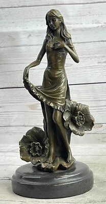 Signierte Moreau Schöne Lilienmädchen Mit Blumen Bronze Skulptur Statue Art Deco - Bild 1 von 4
