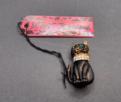 New Betsey Johnson Green Rhinestone Eyes Black Kitty Cat Pin Brooch - Image 1 of 3