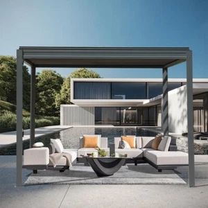 Domi Outdoor 10X10FT Gray Louvered Pergola w/Adjustable Roof, Aluminum Frame - Picture 1 of 7