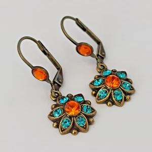 Michal Negrin Earrings Blue Orange Boho Chick Flower Crystals Dainty Drop Gift - Picture 1 of 11