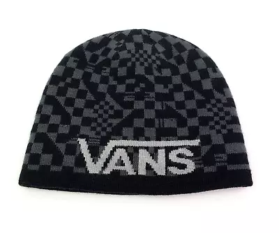 Vans Off The Wall Boys OS Black Gray Checkered Everts Reversible Knit Beanie Hat - Image 1 of 4