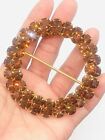 Vtg Unmarked Amber Yellow Glass Rhinestone Circle Round Belt Or Scarf Buckle Pin