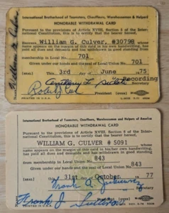 TEAMSTER WITHDRAWAL CARDS. LOCAL 701 TRUCK DIRVERS & 843 UNITED BREWERY WORKERS - Picture 1 of 8