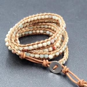 Boho Quartz Gemstone Bead Brown Leather Wrap Bracelet 33" 34" 35" - Picture 1 of 7