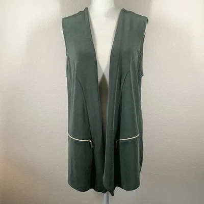 CHICO'S Traveler's Open Longline Vest Slinky Knit Pockets Office Layer Green L - Image 1 of 4