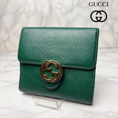 GUCCI Interlocking G Bifold Compact Wallet Purse Leather Green Authentic - Image 1 of 4