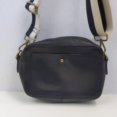 Madewell Black Leather Crossbody Bag Gold Hardware Wide Stripe Canvas Strap - Image 1 of 4