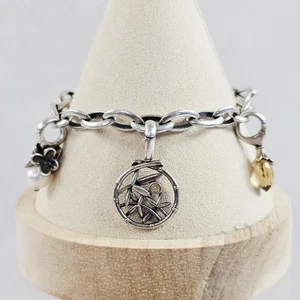 Ann King Signed 925 Sterling Silver & 18K Gold Charm 7.25" Chain Link Bracelet - Picture 1 of 24