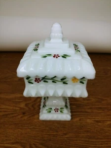 LE Smith Milk Glass Candy Dish Rare! Smith Handmade Painted Floral Print - Picture 1 of 6
