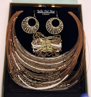 Jewelry Set Copper White Brown Beaded Earrings Necklace Bracelet Bella Del Mar - Image 1 of 4