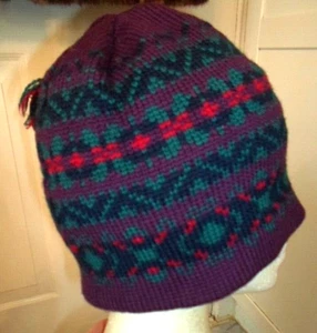 Vintage DO-GREE Knit Cap Snow Ski 100% Wool Beanie Tassel Canada Purple/Teal - Picture 1 of 7