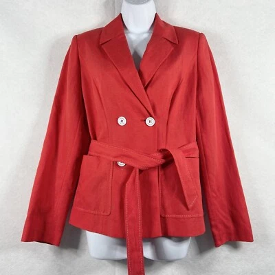 Calvin Klein 夹克女式 6 红色西装外套双排扣亚麻领带全新无标签 — 第 1/4 张图片