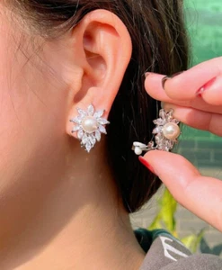 Cubic Zirconia Clip On Earrings Silver Stud White Pearl Wedding Prom Bridal - Picture 1 of 10
