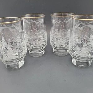 Libbey Glasses Set of 4 Frosted Winter Scene Gold Rims Vintage Pine Trees Snow - Picture 1 of 8