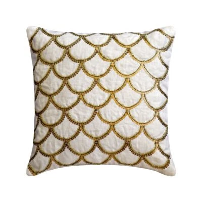 Couch Cushion Case Ivory 16"x16", Bed Decor Linen Geometric - Gold Accord - Image 1 of 3