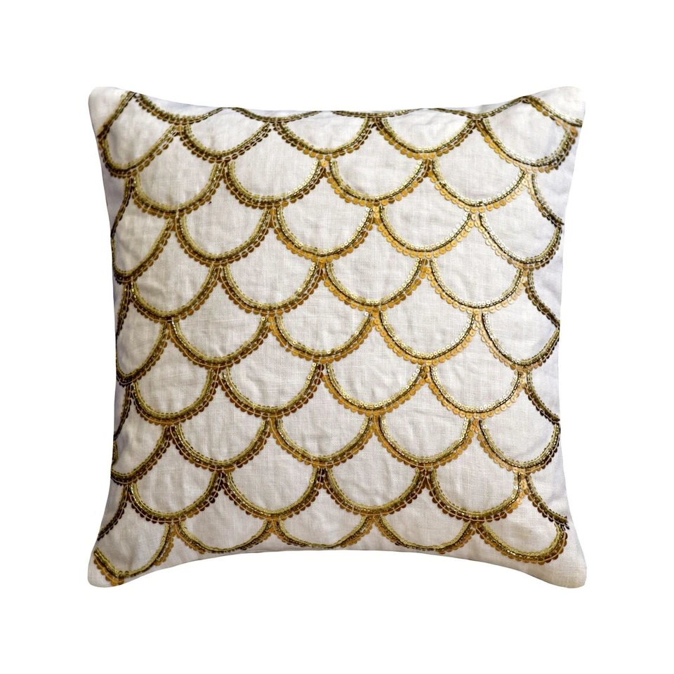Couch Cushion Case Ivory 16"x16", Bed Decor Linen Geometric - Gold Accord - Image 1 of 3