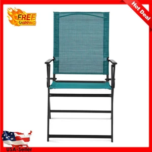Folding Patio Chair Durable Steel W/ Backrest Armrest 2 Pack Outdoor Deck Porch - Picture 1 of 9
